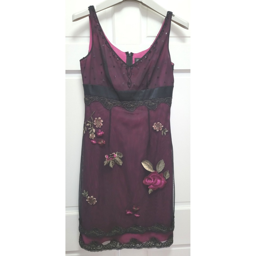 Adrianna Papell Sleeveless Black Lace Floral Embroidered Shift Dress - Plum - 4P